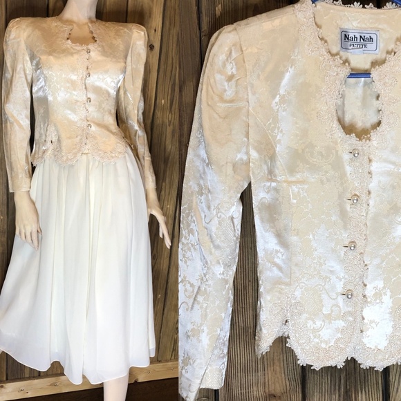 VTG 90s Ivory Brocade/Lace Trim Peplum Jacket/Full Skirt Womens Set 4P~Wedding - Picture 1 of 16